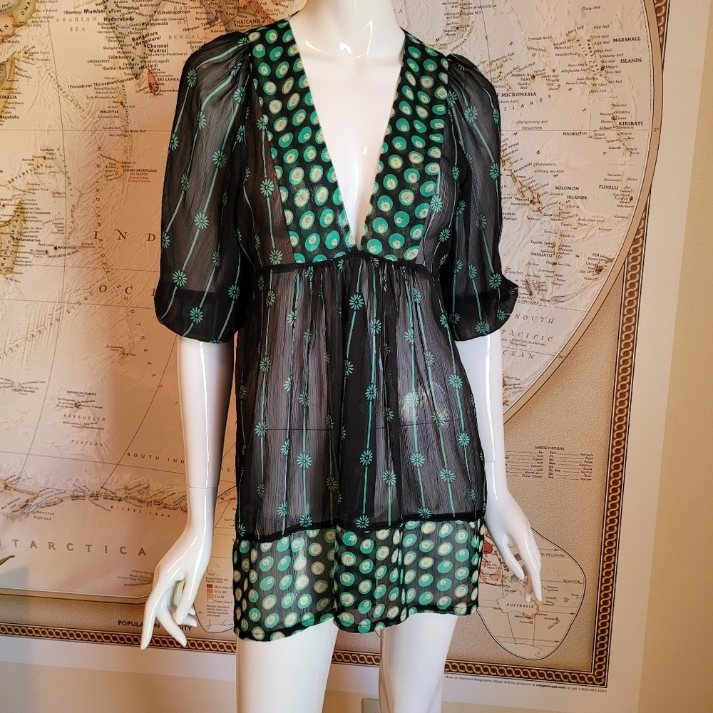 Forever black green deep V sheer tunic blouse puff sleeves whimsigoth S
